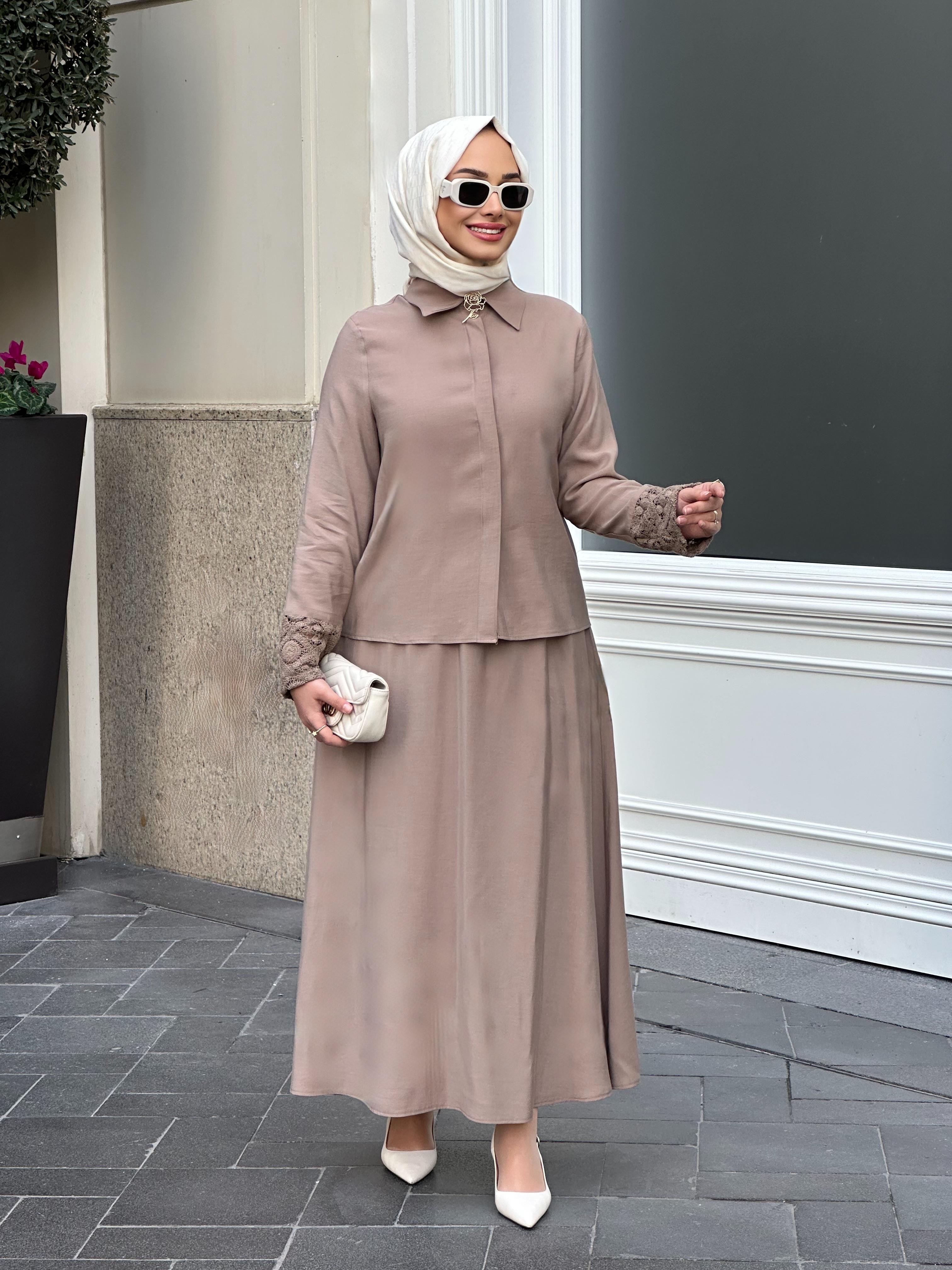 Mahza 8173 Modal Kumaş Gül Broş Detaylı Etek Takım